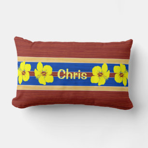 Yellow Hibiscus Fake Wood Surfboard Lumbar Pillow