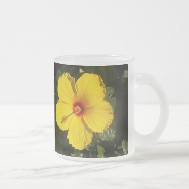 Yellow Hibiscus Flower Frosted Glass Coffee Mug (Right)