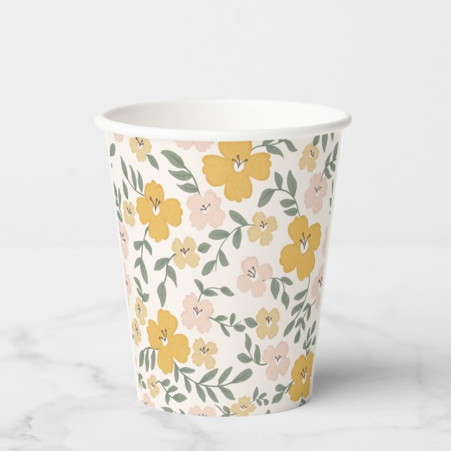 Yellow Hibiscus flower hand drawn Paper Cups (Front)
