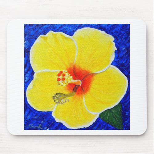 Yellow Hibiscus Flower Painting Mouse Pad