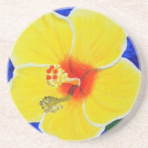 Yellow Hibiscus Flower Painting Sandstone Coaster