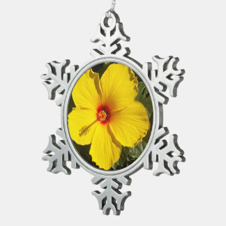 Yellow Hibiscus Flower Snowflake Pewter Christmas Ornament