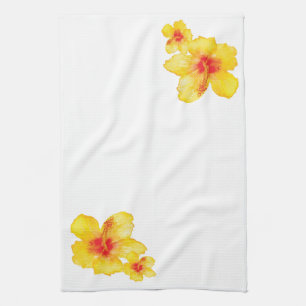 Yellow hibiscus hawaiian floral flower watercolor kitchen towel