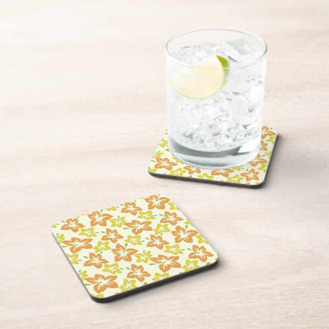 Yellow Hibiscus, Orange Hibiscus, Floral Pattern Beverage Coaster (Right Side)