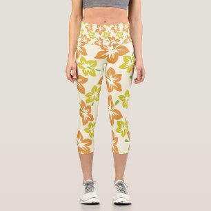 Yellow Hibiscus, Orange Hibiscus, Floral Pattern Capri Leggings