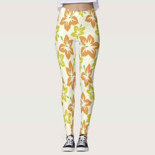 Yellow Hibiscus, Orange Hibiscus, Floral Pattern Leggings (Front)