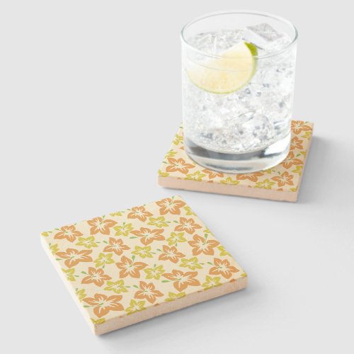 Yellow Hibiscus Orange Hibiscus Floral Pattern Stone Coaster