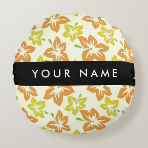 Yellow Hibiscus, Orange Hibiscus, Your Name Round Pillow