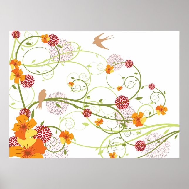 Yellow Hibiscus & Swallows Elegant Floral Garden Poster (Front)
