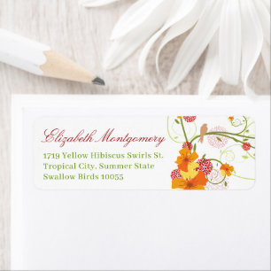 Yellow Hibiscus & Swallows Floral Wedding Address Label
