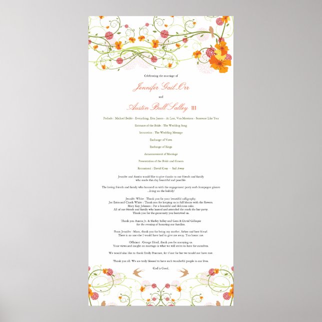 Yellow Hibiscus & Swallows Floral Wedding Program Poster (Front)