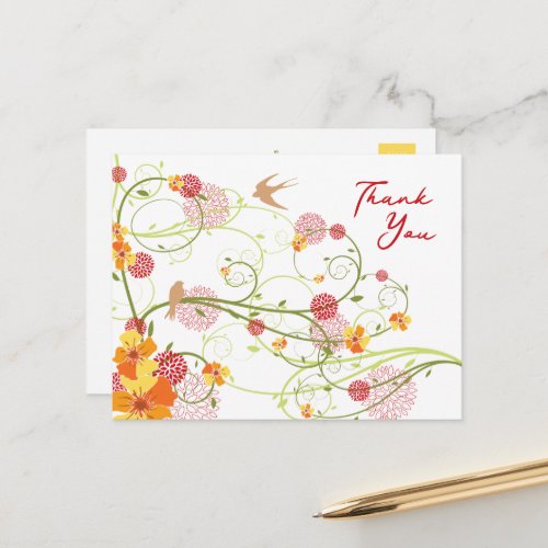 Yellow Hibiscus Swirls  Swallows Floral Thank You Postcard