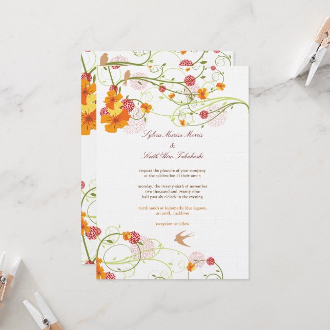 Yellow Hibiscus Swirls & Swallows Floral Wedding Invitation (Front/Back In Situ)