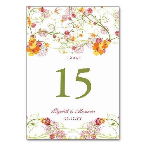 Yellow Hibiscus Swirls  Swallows Floral Wedding Table Number