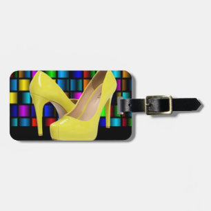 Yellow High Heels & Colorful Square Grids Luggage Tag