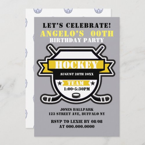 Yellow Hockey Theme Birthday Party Invites