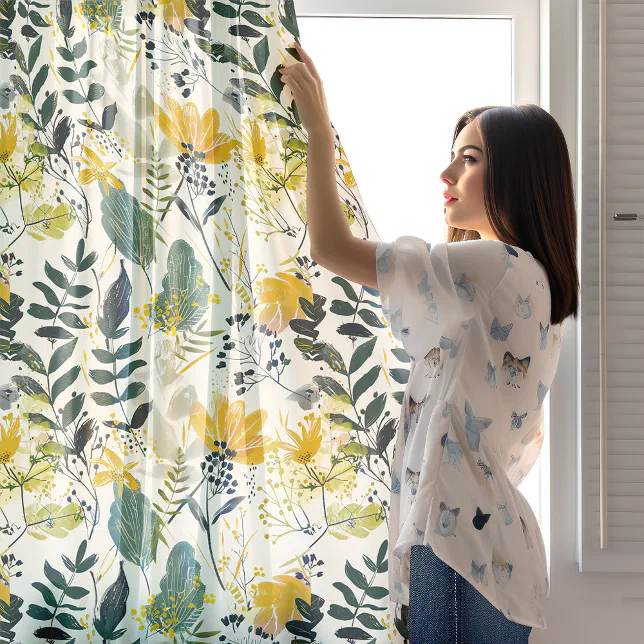 Yellow Home Accent Floral Boho Pattern Sheer Curtains
