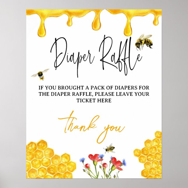 Yellow Honey Bee Baby Shower Diaper Raffle Game Poster (Front)