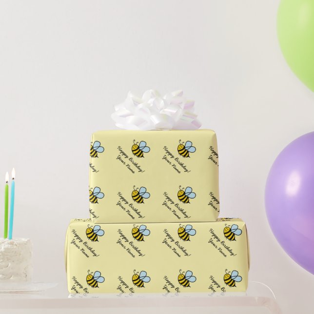 Yellow honey bee cartoon Birthday wrapping paper (Party Gifts)