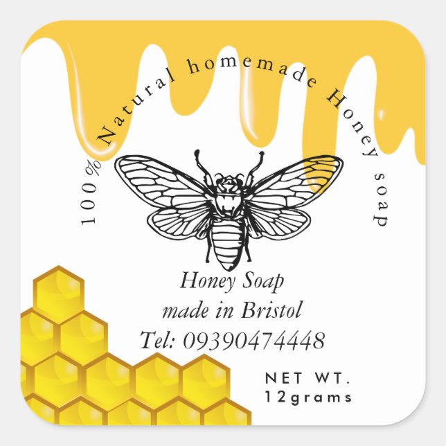 Yellow honey bee handmade soap square sticker (Front)