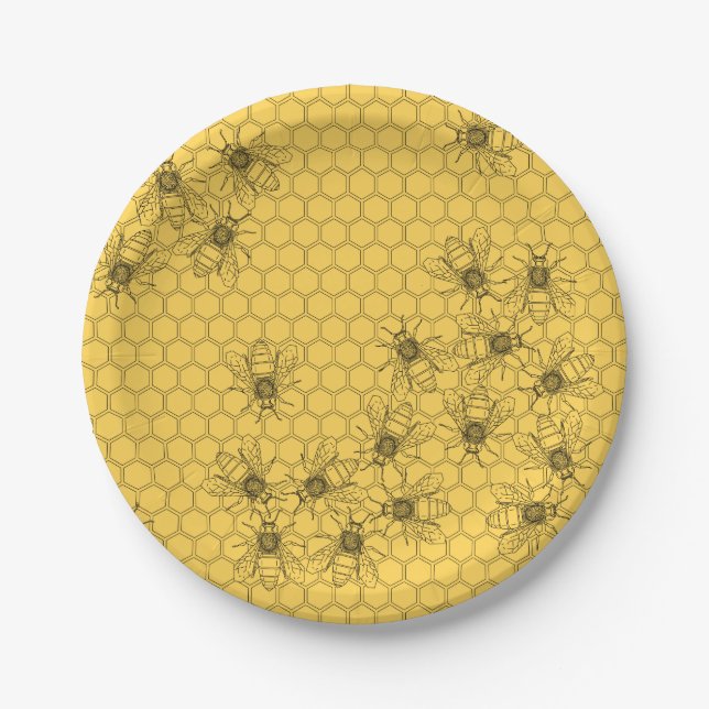Yellow Honey Bee & Honeycomb Paper Plates (Front)