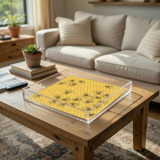 Yellow Honey Bee & Honeycomb Plastic Acrylic Tray (Creator Uploaded)