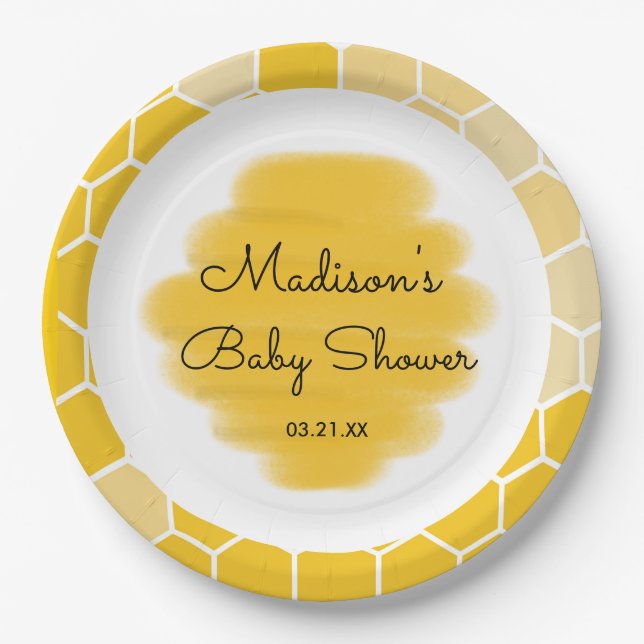 Yellow Honey Bee Theme Baby Shower Paper Plates (Front)