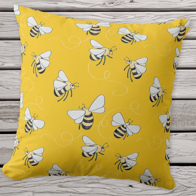 Yellow Honey Bee Throw Pillow (Sunshine yellow honey bee pattern throw pillow for nature and pollinator lovers!)