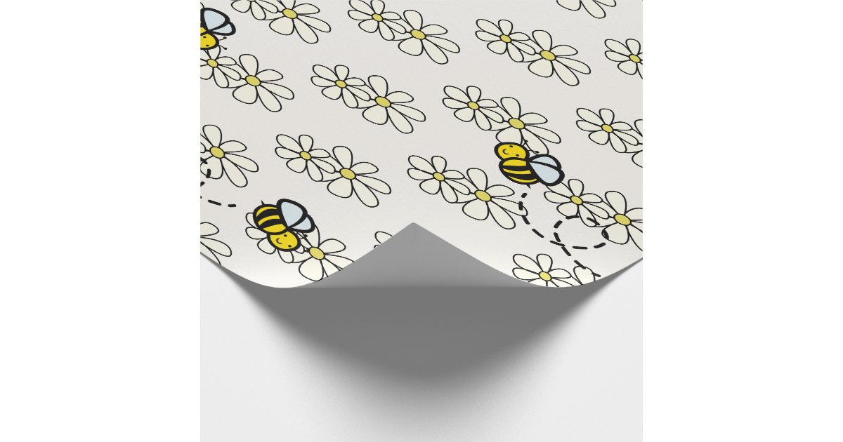 Yellow Honey Bee & White Daisy Pattern Cream Wrapping Paper | Zazzle