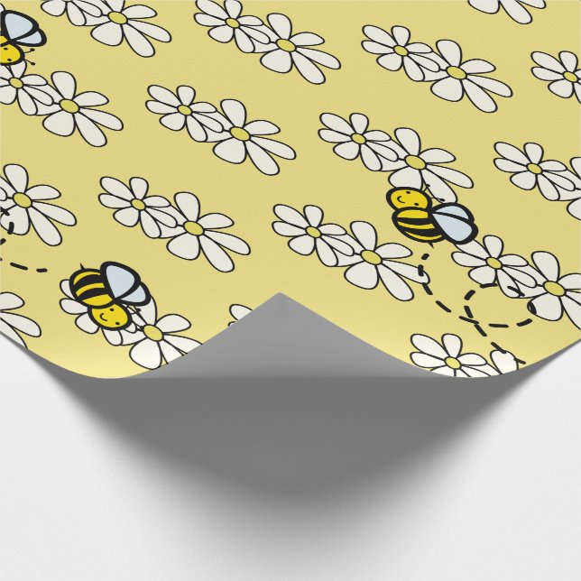 Yellow Honey Bee & White Daisy Pattern Wrapping Paper (Corner)