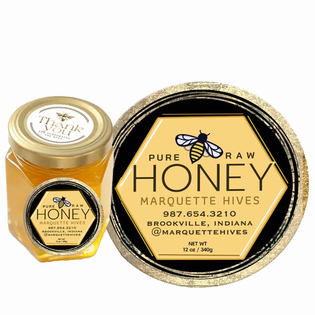 Yellow Honey Hexagon and Bee Distressed Gold Frame Classic Round Sticker (Creator Uploaded)