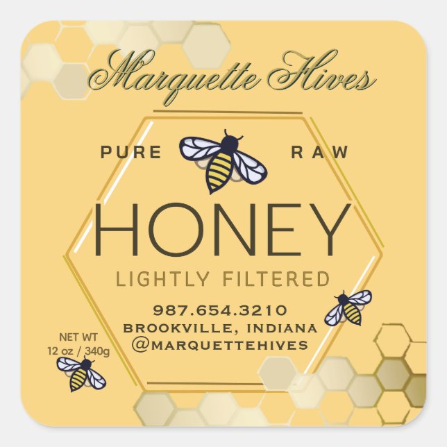 Yellow Honey Hexagon Label with Bees and Honeycomb (Front)
