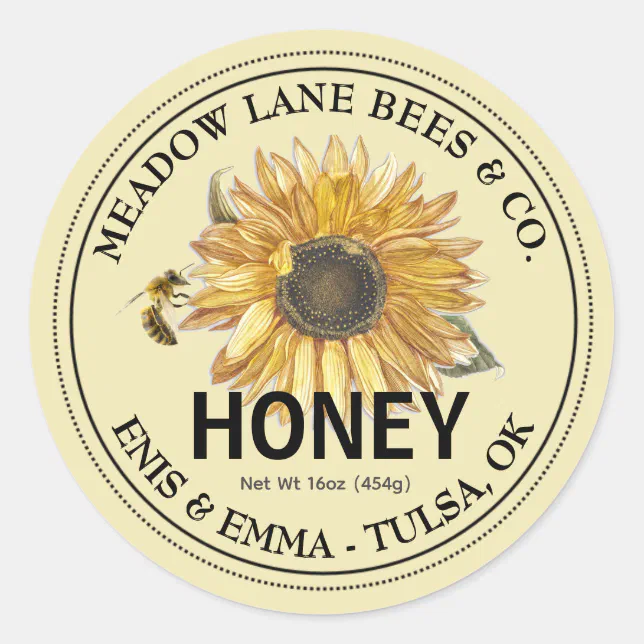 Yellow Honey Label with Sunflower and Honeybee | Zazzle