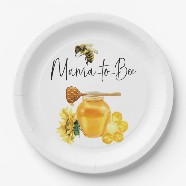 Yellow Honey Watercolor Sunflower Bee Baby Shower Paper Plates (Front)