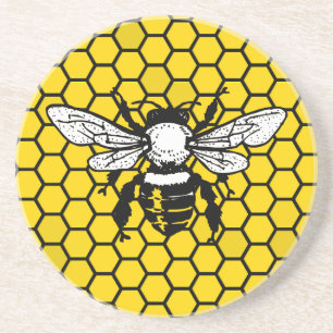 Yellow honeybee and honeycomb Sandstone Coaster