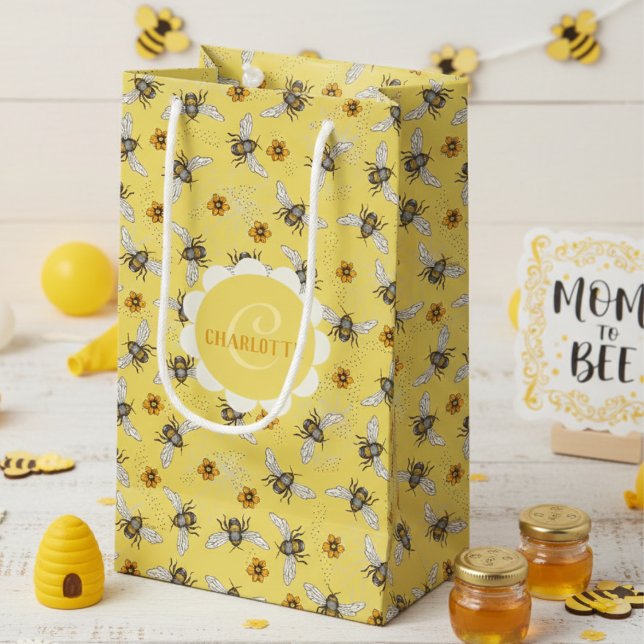 Yellow Honeybee & Cosmos Floral Small Gift Bag (Yellow Black Honeybees & Flowers Floral Gift Bag for Mom to Bee Baby Shower Summer Birthday for Her)