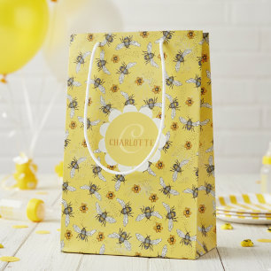 Yellow Honeybee Floral Pattern Medium Gift Bag