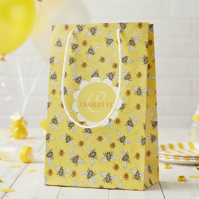 Yellow Honeybee Floral Pattern Medium Gift Bag (Yellow Insect Bee Gift Bags for Mom to Bee Baby Shower or Bee Birthday. Honeybees, Flowers Pattern)