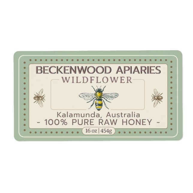 Yellow Honeybee Honey Label Apiary Sage Border (Front)