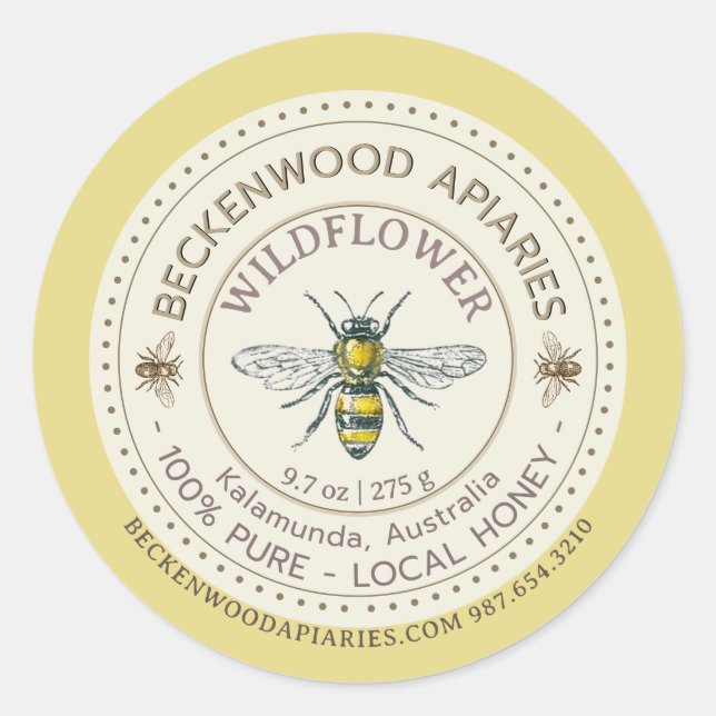 Yellow Honeybee Honey Label Beekeeper Apiary (Front)