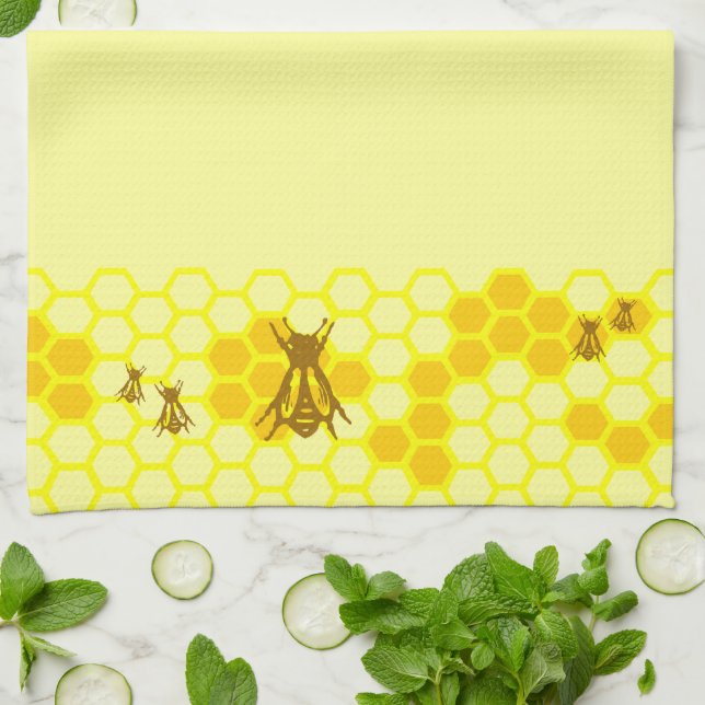 Yellow Honeybee Honeycomb Kitchen Towel (Folded)
