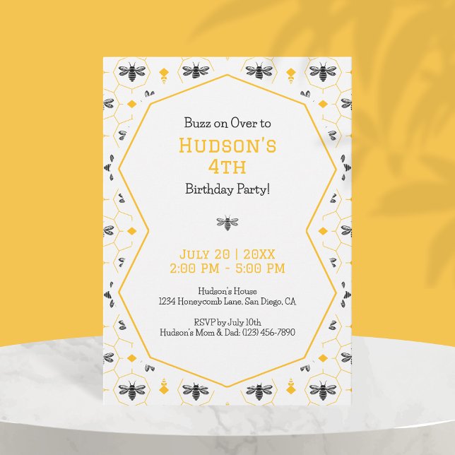 Yellow Honeycomb Bee Beehive 4th Birthday Party Invitation (Yellow Honeycomb Bee Beehive 4th Birthday Party Invitation)