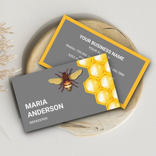Yellow Honeycomb Beehive Honey Bee Beekeeper Grey Business Card