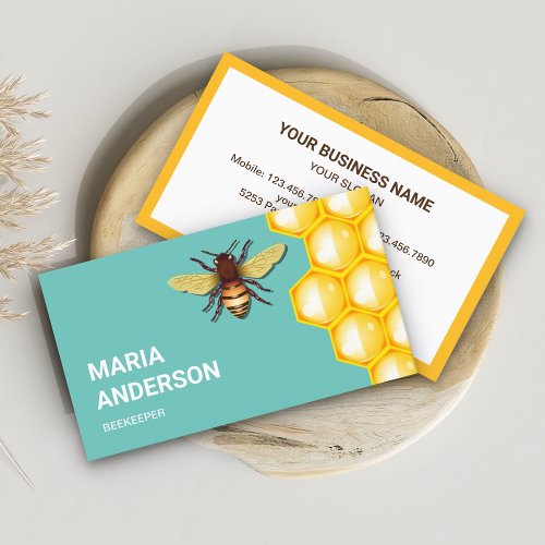 Yellow Honeycomb Beehive Honey Bee Beekeeper Teal  Business Card