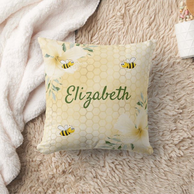Yellow honeycomb bees flowers name fun throw pillow (Blanket)