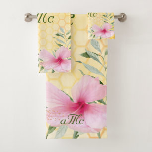 Yellow honeycomb bees pink couple monogram bath towel set