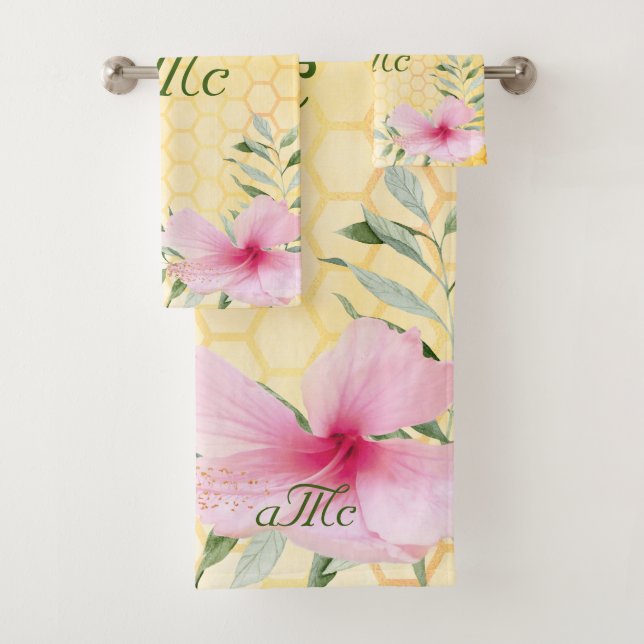 Yellow honeycomb bees pink couple monogram bath towel set (Insitu)