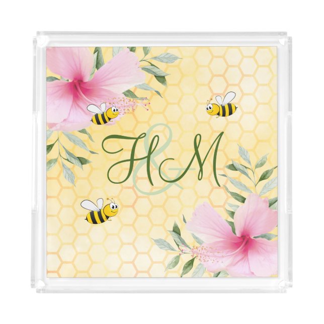 Yellow honeycomb bees pink florals monogram acrylic tray (Front)