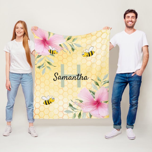 Yellow honeycomb bess pink florals name monogram fleece blanket (In Situ)