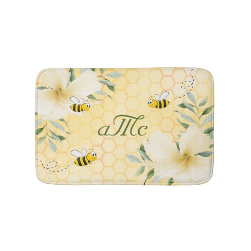 Yellow honeycomb florals bee monogram bath mat